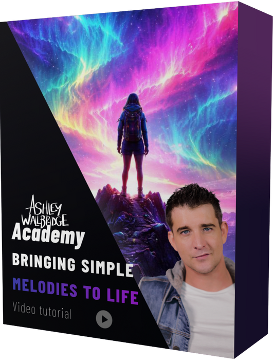 Product packaging for 'Bringing Simple Melodies to Life' video tutorial by Ashley Walbridge Academy with a colorful nebula and person standing on rocks design.